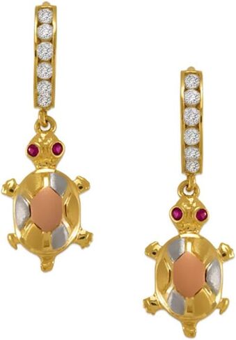 14k Tricolor Gold Turtle Huggie Earrings - Elegant Jewelry Earring Gift for Women and Her - Super Shiny Red & White CZ Color - Huggies Clasp Backing in Saudi Arabia