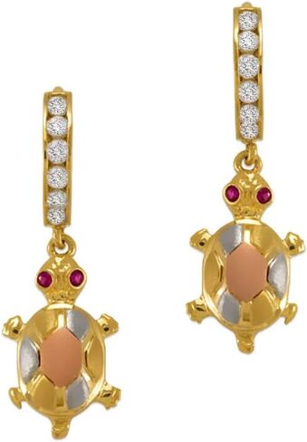 14k Tricolor Gold Turtle Huggie Earrings - Elegant Jewelry Earring Gift for Women and Her - Super Shiny Red & White CZ Color - Huggies Clasp Backing in Saudi Arabia