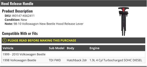 Hood Release Handle - Compatible with 1998-2010 Volkswagen Beetle TDI FWD Hatchback 2-Door 1.9L 4-Cylinder Turbo Diesel in Saudi Arabia