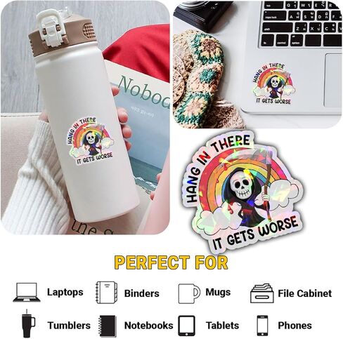 3 Pcs Hang in There It Gets Worse Sticker, Cute Grim Reaper Creepy Cute Mental Health Sarcastic Joke Rainbow Hang in There It Gets Worse Stickers for Laptop Bottle Phone Car Helmet 3"x3" in Kuwait