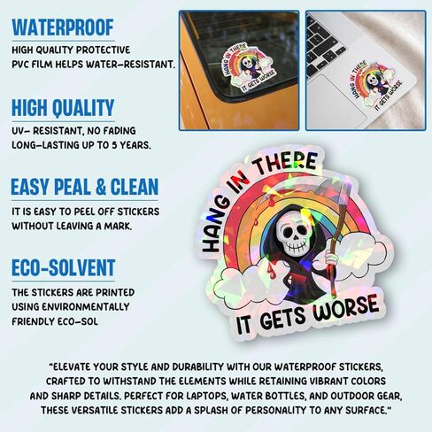 3 Pcs Hang in There It Gets Worse Sticker, Cute Grim Reaper Creepy Cute Mental Health Sarcastic Joke Rainbow Hang in There It Gets Worse Stickers for Laptop Bottle Phone Car Helmet 3"x3" in Kuwait