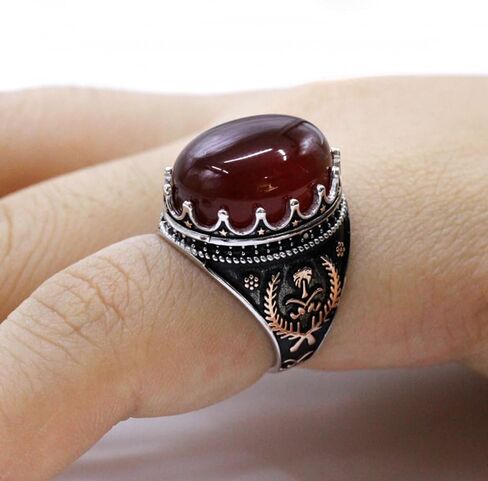 S925 Sterling Silver Men's Ring Silver Black Agate Stone Round Set Cubic Zirconia (CZ) Turkiye Ring خمر خاتم زفاف الخاتم الهدية الحجم 7-12 in Kuwait