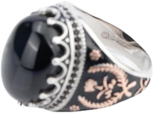 S925 Sterling Silver Men's Ring Silver Black Agate Stone Round Set Cubic Zirconia (CZ) Turkiye Ring خمر خاتم زفاف الخاتم الهدية الحجم 7-12 in Kuwait
