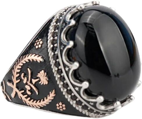 S925 Sterling Silver Men's Ring Silver Black Agate Stone Round Set Cubic Zirconia (CZ) Turkiye Ring خمر خاتم زفاف الخاتم الهدية الحجم 7-12 in Kuwait