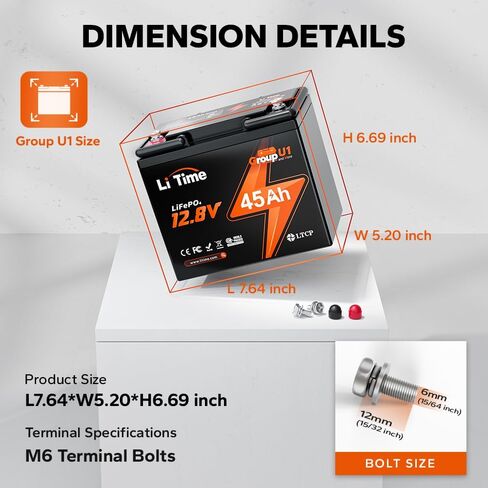 LiTime 12V 45Ah Trolling Motors Lithium Battery, Group U1 LiFePO4 Battery | Low-Temp Protection | 45A BMS | 576Wh Energy | Perfect for Fish finder, Camping, Boats, Solar Panel, UPS, Wheelchair in Saudi Arabia