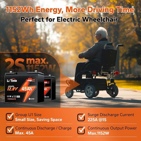 LiTime 12V 45Ah Trolling Motors Lithium Battery, Group U1 LiFePO4 Battery | Low-Temp Protection | 45A BMS | 576Wh Energy | Perfect for Fish finder, Camping, Boats, Solar Panel, UPS, Wheelchair in Saudi Arabia