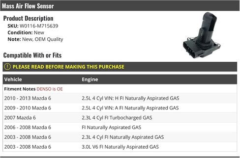 MAF Mass Air Flow Sensor - Compatible with 2003-2013 Mazda 6 in Saudi Arabia