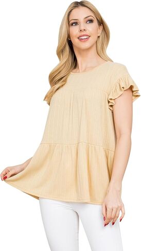 RIAH FASHION Women's Casual Ruffle Blouse Top - Basic Dressy Shirt Cap Short Sleeve Notch V-Neck Loose Tunic Shirt in Saudi Arabia