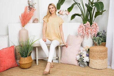 RIAH FASHION Women's Casual Ruffle Blouse Top - Basic Dressy Shirt Cap Short Sleeve Notch V-Neck Loose Tunic Shirt in Saudi Arabia