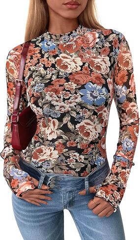 Prettygarden Womens 2025 Fall Mesh Floral Blouses Long Long in Saudi Arabia
