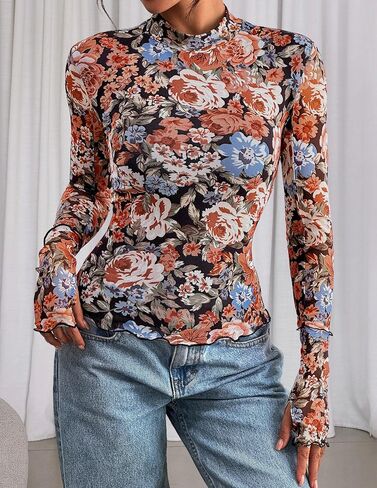 Prettygarden Womens 2025 Fall Mesh Floral Blouses Long Long in Saudi Arabia
