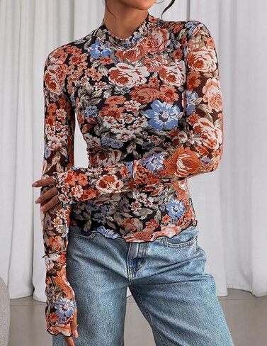 Prettygarden Womens 2025 Fall Mesh Floral Blouses Long Long in Saudi Arabia