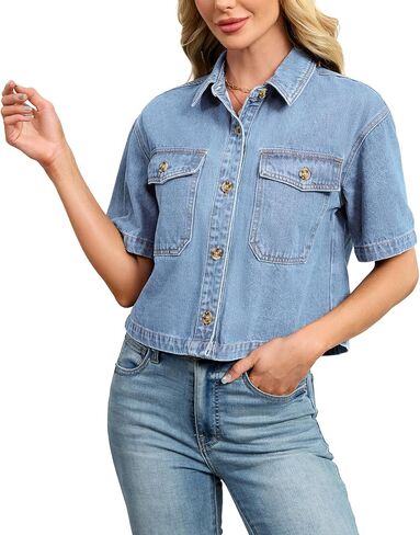 Kedera Womens Crop Denim Shirt Short Sleeve Button Down Short Jean Jacket Trendy Jean Tops Shackets in Saudi Arabia