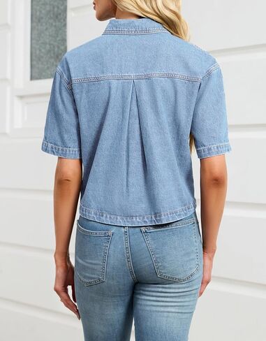 Kedera Womens Crop Denim Shirt Short Sleeve Button Down Short Jean Jacket Trendy Jean Tops Shackets in Saudi Arabia