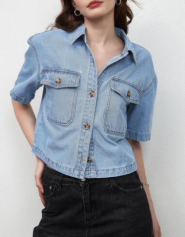 Kedera Womens Crop Denim Shirt Short Sleeve Button Down Short Jean Jacket Trendy Jean Tops Shackets in Saudi Arabia