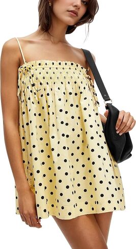 Women Polka Dot Sleeveless Square Neck Backless Spaghetti Strap Smocked Flowy Ruched Sexy Mini Cami Dress in Saudi Arabia