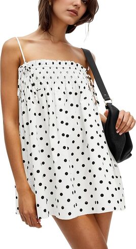 Women Polka Dot Sleeveless Square Neck Backless Spaghetti Strap Smocked Flowy Ruched Sexy Mini Cami Dress in Saudi Arabia