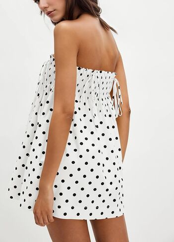 Women Polka Dot Sleeveless Square Neck Backless Spaghetti Strap Smocked Flowy Ruched Sexy Mini Cami Dress in Saudi Arabia