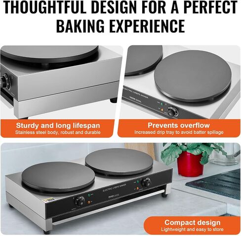 VEVOR Electric Crepe Maker, 16-Inch Commercial Crepe Machine, 1700W Flat Plate Crepe Griddle, Nonstick Stainless Steel Pancake Making Machine, Desktop Circular Cereals Pancake Stove with Temp Control in Saudi Arabia