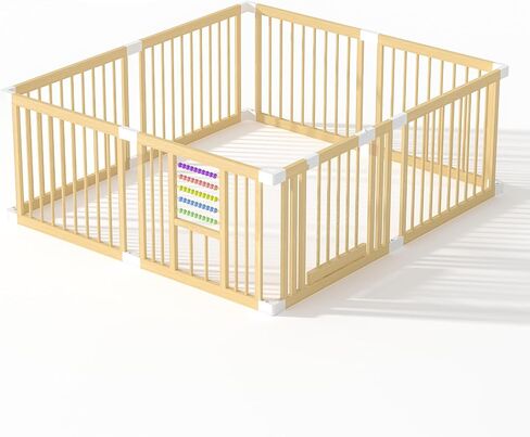 Baby Playpen with Gate, Wooden Playpen for Babies and Toddlers, Baby Play Yard with Colorful Acrylic Beads, Baby Fence Play Area with Suction Cups, Large Play Pen Area Indoor(43 * 43 * 24Inch) in Saudi Arabia