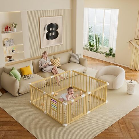Baby Playpen with Gate, Wooden Playpen for Babies and Toddlers, Baby Play Yard with Colorful Acrylic Beads, Baby Fence Play Area with Suction Cups, Large Play Pen Area Indoor(43 * 43 * 24Inch) in Saudi Arabia