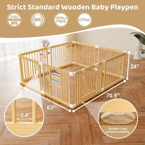 Baby Playpen with Gate, Wooden Playpen for Babies and Toddlers, Baby Play Yard with Colorful Acrylic Beads, Baby Fence Play Area with Suction Cups, Large Play Pen Area Indoor(43 * 43 * 24Inch) in Saudi Arabia