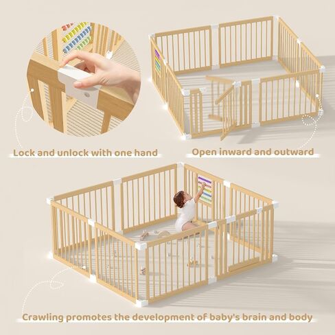 Baby Playpen with Gate, Wooden Playpen for Babies and Toddlers, Baby Play Yard with Colorful Acrylic Beads, Baby Fence Play Area with Suction Cups, Large Play Pen Area Indoor(43 * 43 * 24Inch) in Saudi Arabia
