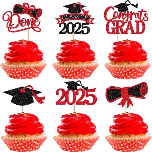 RSSTARXI 24 Pack Congrats Grad 2025 Cupcake Cupcake Toppers Class of 2025 Cake Decorations Grad Cap Cupcake Picks for You Wat You 2025 Decorations Red Red in Saudi Arabia