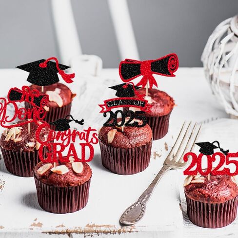 RSSTARXI 24 Pack Congrats Grad 2025 Cupcake Cupcake Toppers Class of 2025 Cake Decorations Grad Cap Cupcake Picks for You Wat You 2025 Decorations Red Red in Saudi Arabia