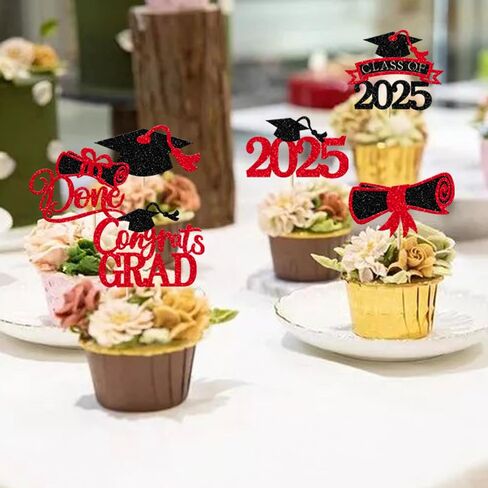 RSSTARXI 24 Pack Congrats Grad 2025 Cupcake Cupcake Toppers Class of 2025 Cake Decorations Grad Cap Cupcake Picks for You Wat You 2025 Decorations Red Red in Saudi Arabia
