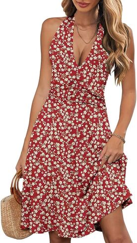 Wkior Womens Sundress Summer Beach Vacationless Halleter Neck A-Line 2025 Boho Floral Midi Dress مع جيوب in Kuwait