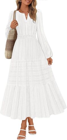 MEROKEETY Women's 2025 Fall Long Sleeve Maxi Dress V Neck Elastic Waist Flowy Tiered Boho Casual Dresses with Pockets in Saudi Arabia