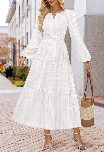 MEROKEETY Women's 2025 Fall Long Sleeve Maxi Dress V Neck Elastic Waist Flowy Tiered Boho Casual Dresses with Pockets in Saudi Arabia