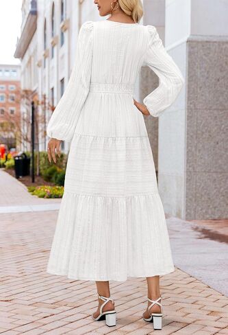 MEROKEETY Women's 2025 Fall Long Sleeve Maxi Dress V Neck Elastic Waist Flowy Tiered Boho Casual Dresses with Pockets in Saudi Arabia