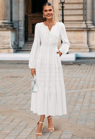 MEROKEETY Women's 2025 Fall Long Sleeve Maxi Dress V Neck Elastic Waist Flowy Tiered Boho Casual Dresses with Pockets in Saudi Arabia