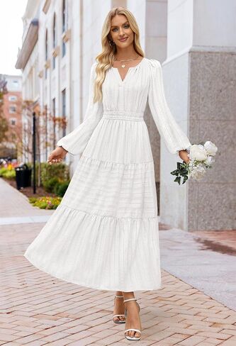 MEROKEETY Women's 2025 Fall Long Sleeve Maxi Dress V Neck Elastic Waist Flowy Tiered Boho Casual Dresses with Pockets in Saudi Arabia