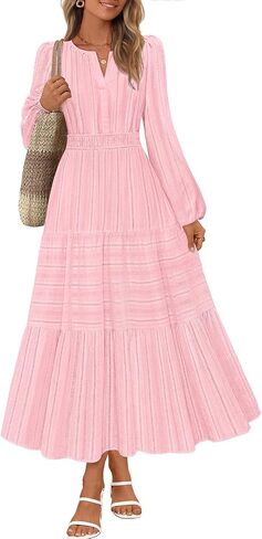 MEROKEETY Women's 2025 Fall Long Sleeve Maxi Dress V Neck Elastic Waist Flowy Tiered Boho Casual Dresses with Pockets in Saudi Arabia