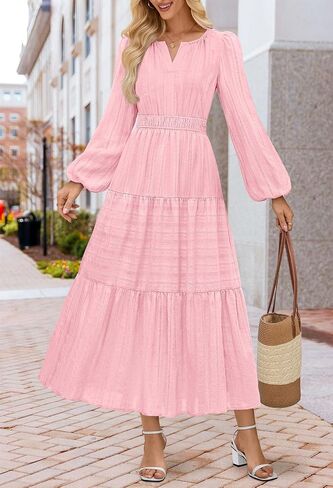 MEROKEETY Women's 2025 Fall Long Sleeve Maxi Dress V Neck Elastic Waist Flowy Tiered Boho Casual Dresses with Pockets in Saudi Arabia