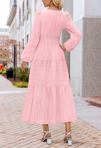 MEROKEETY Women's 2025 Fall Long Sleeve Maxi Dress V Neck Elastic Waist Flowy Tiered Boho Casual Dresses with Pockets in Saudi Arabia