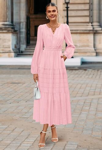 MEROKEETY Women's 2025 Fall Long Sleeve Maxi Dress V Neck Elastic Waist Flowy Tiered Boho Casual Dresses with Pockets in Saudi Arabia