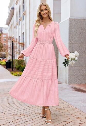 MEROKEETY Women's 2025 Fall Long Sleeve Maxi Dress V Neck Elastic Waist Flowy Tiered Boho Casual Dresses with Pockets in Saudi Arabia