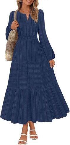 MEROKEETY Women's 2025 Fall Long Sleeve Maxi Dress V Neck Elastic Waist Flowy Tiered Boho Casual Dresses with Pockets in Saudi Arabia