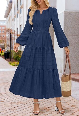 MEROKEETY Women's 2025 Fall Long Sleeve Maxi Dress V Neck Elastic Waist Flowy Tiered Boho Casual Dresses with Pockets in Saudi Arabia