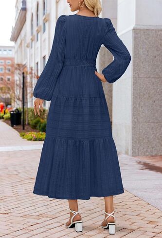 MEROKEETY Women's 2025 Fall Long Sleeve Maxi Dress V Neck Elastic Waist Flowy Tiered Boho Casual Dresses with Pockets in Saudi Arabia