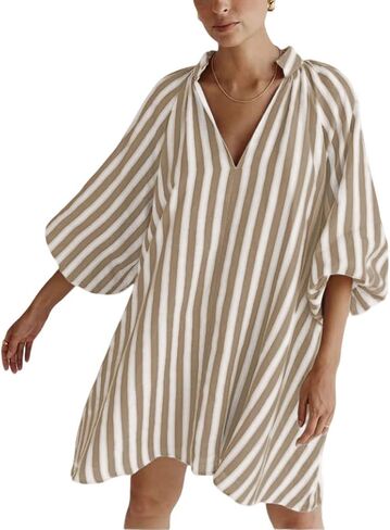 CHARTOU Women Summer Striped Beach Vacation Mini Dress 3/4 Sleeve Boho Chic Outfits Tunic Shift Dress in Saudi Arabia