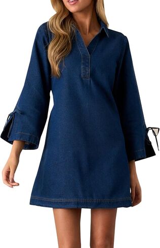 Womens Denim Shirt Dress Collared V Neck Bell Long Sleeve Mini Casual A-line Jean Dresses with Bow in Saudi Arabia
