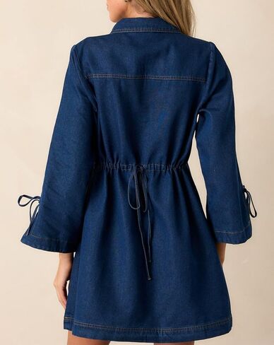 Womens Denim Shirt Dress Collared V Neck Bell Long Sleeve Mini Casual A-line Jean Dresses with Bow in Saudi Arabia