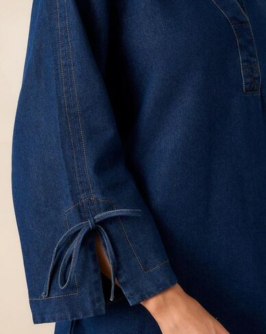 Womens Denim Shirt Dress Collared V Neck Bell Long Sleeve Mini Casual A-line Jean Dresses with Bow in Saudi Arabia