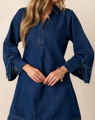 Womens Denim Shirt Dress Collared V Neck Bell Long Sleeve Mini Casual A-line Jean Dresses with Bow in Saudi Arabia
