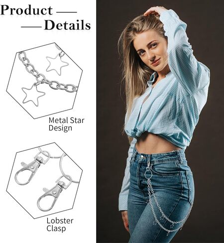 Star Chain, 13 Inch Pant Chains for Women, Men, Layered Belt Loop Chain for Jeans, Pocket, Rock Wallet, Bag, (Silver) in Saudi Arabia